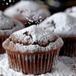 one mini brownie cupcake on wooden board, dusted with powdered sugar