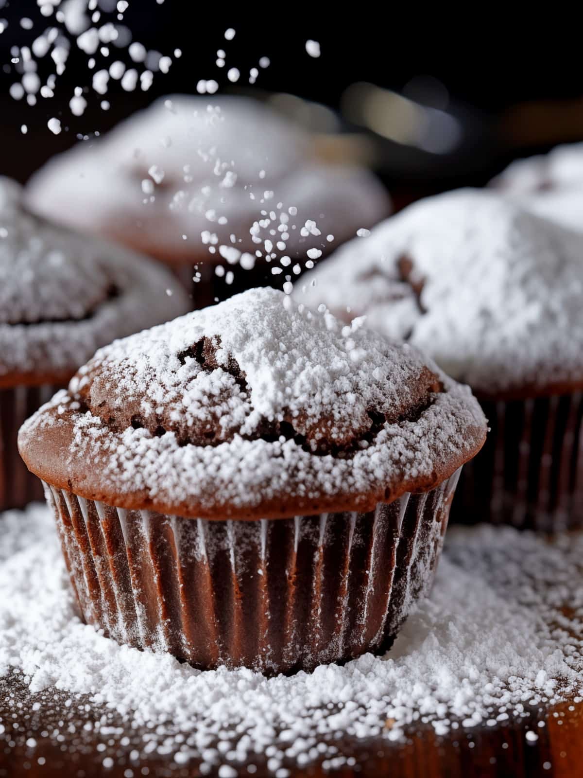 one mini brownie cupcake on wooden board, dusted with powdered sugar