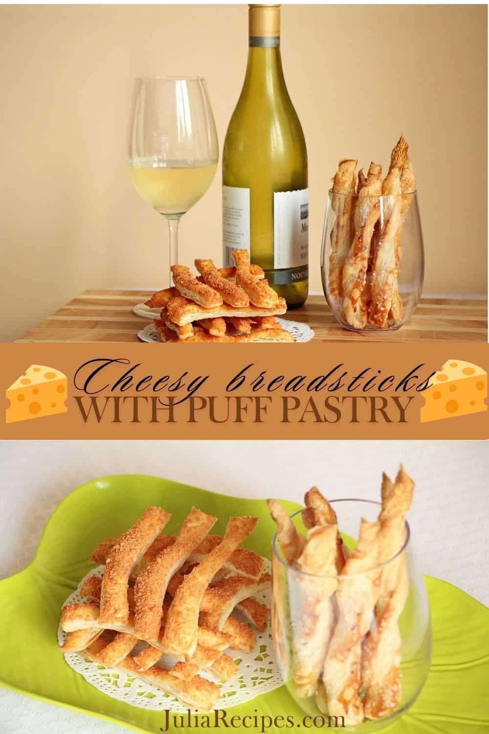 cheesy puff pastry breadsticks pin image