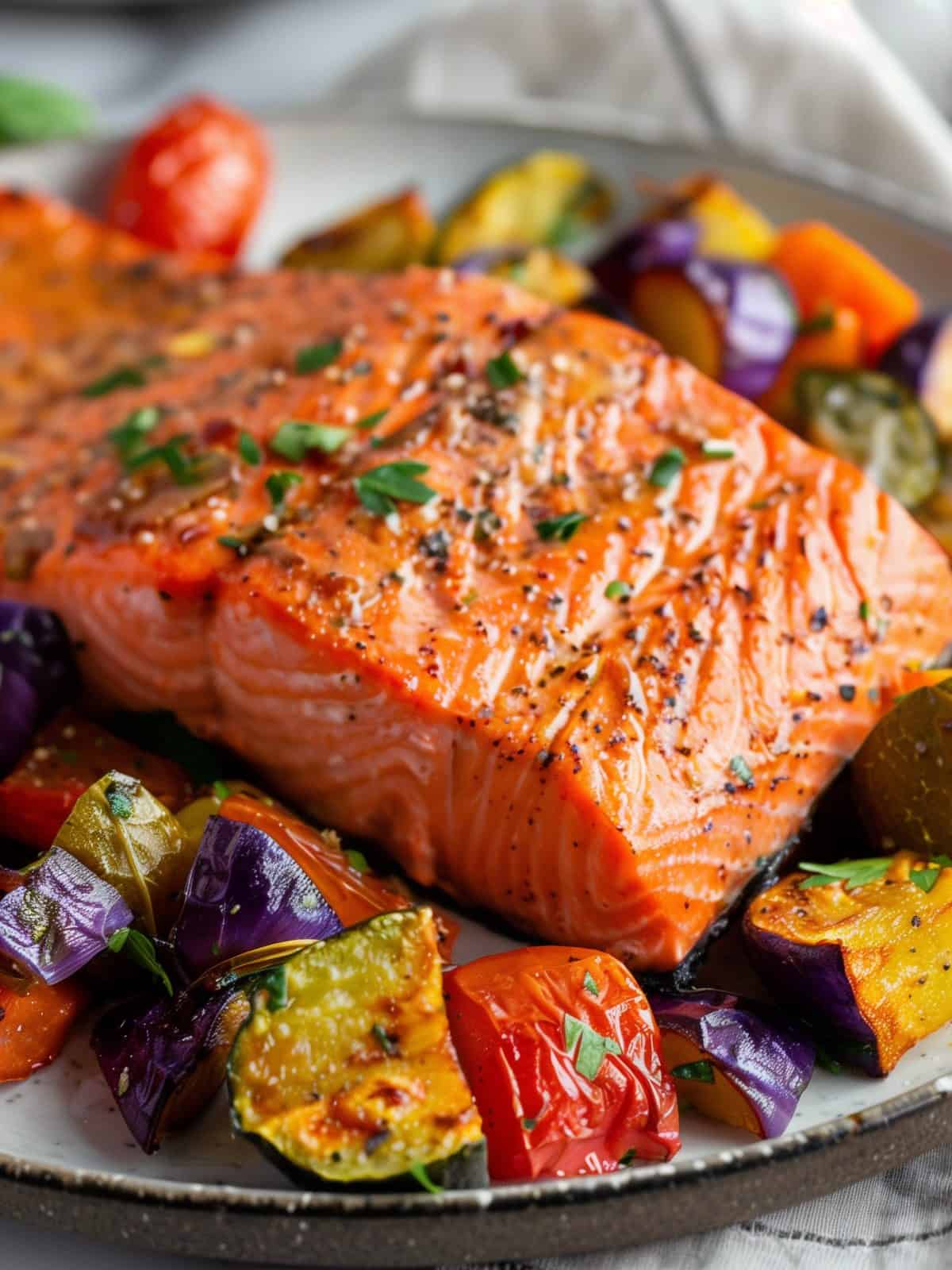 close up of grilled salmon on baked vegetables