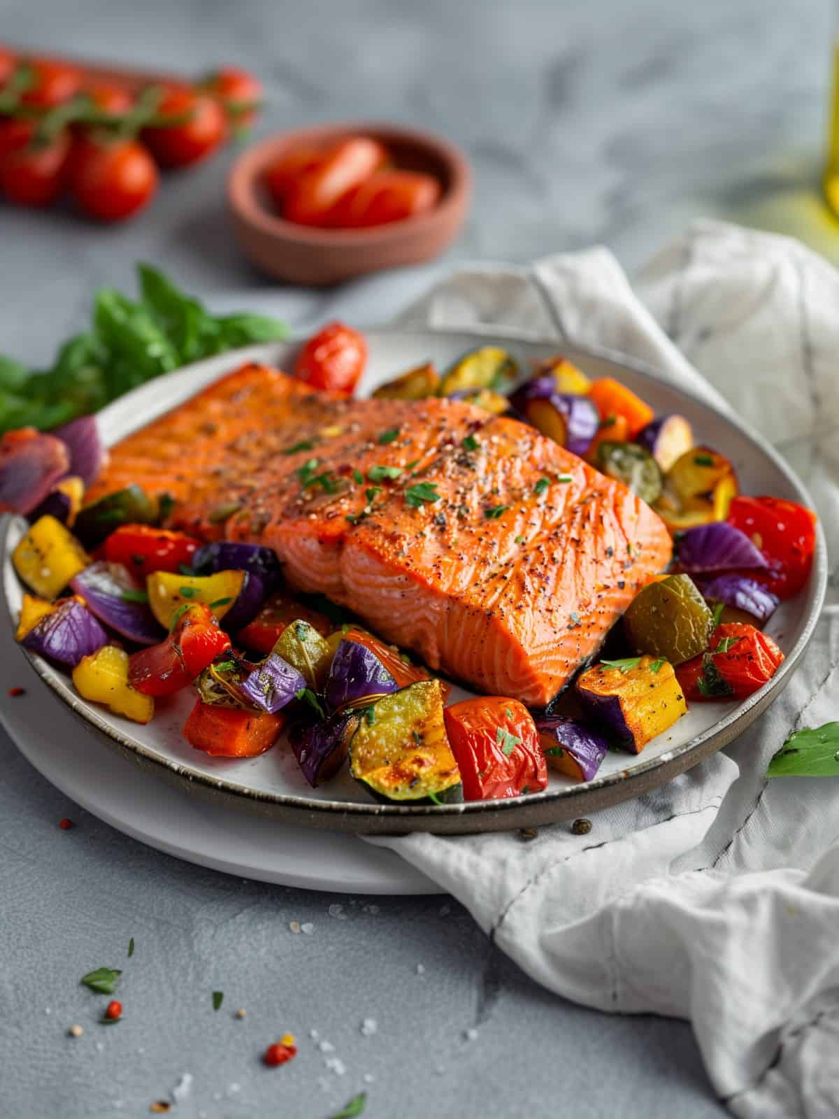 grilled salmon on baked vegetables