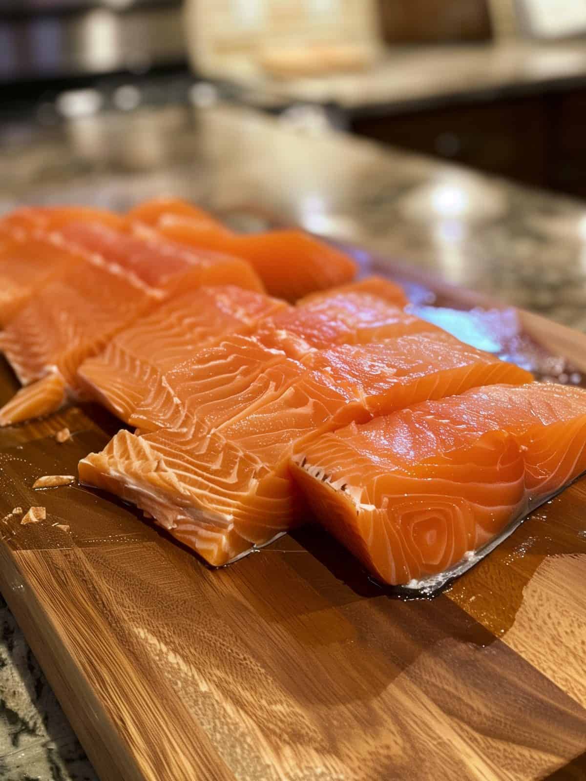 raw salmon on wooden board cut in fillets