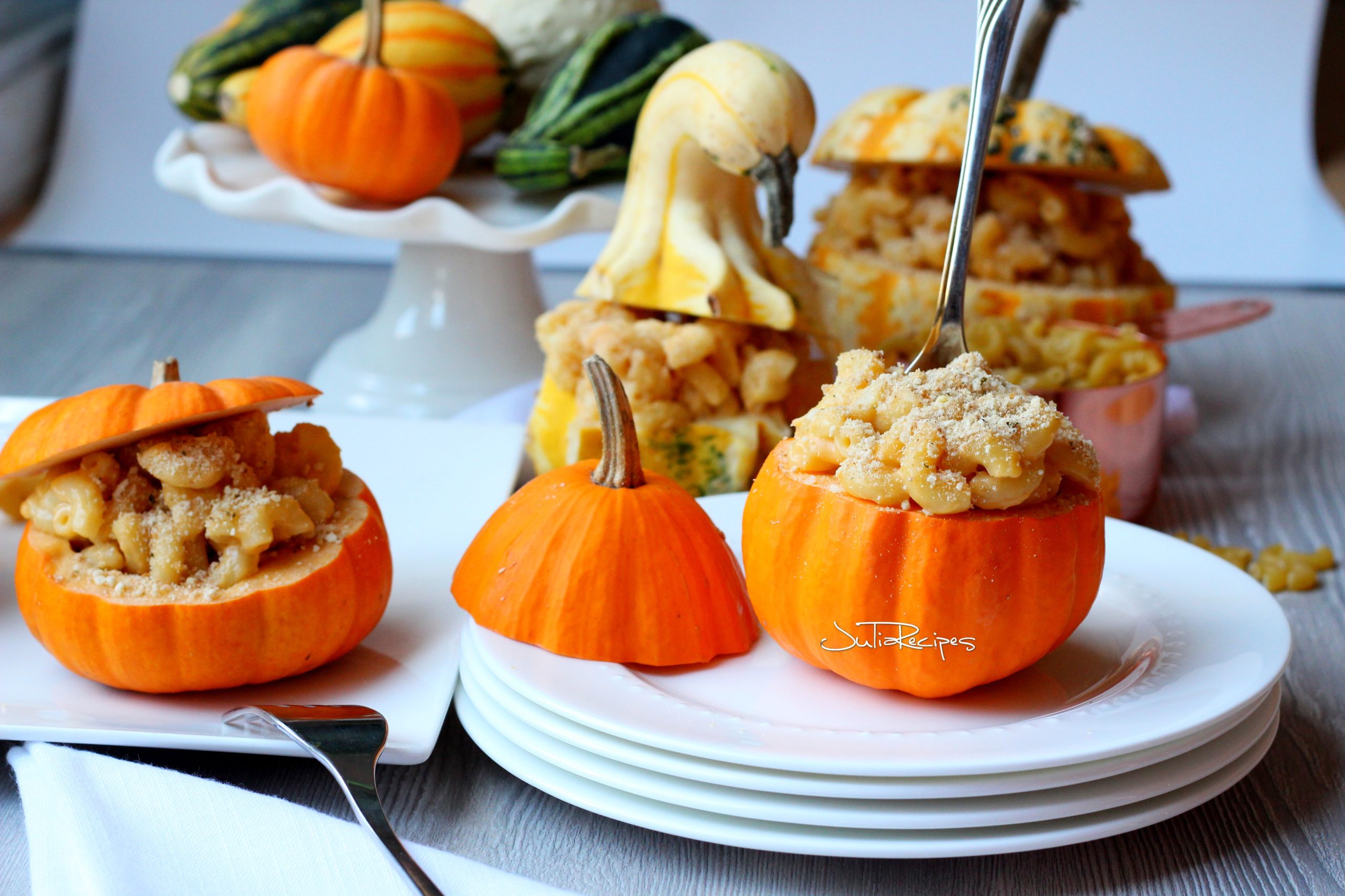 Pumpkin filled with macaroni and cheese