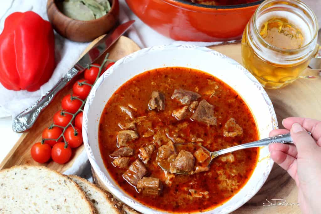 traditional goulash with piece of bread