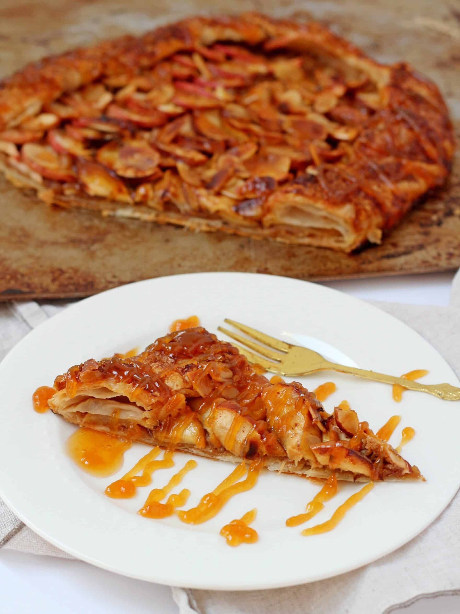 apple galette drizzled with caramel sauce