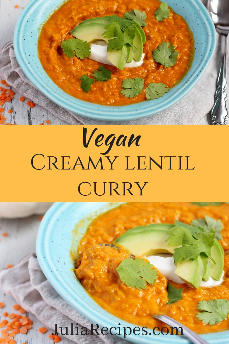 creamy vegan lentil curry in blue plates
