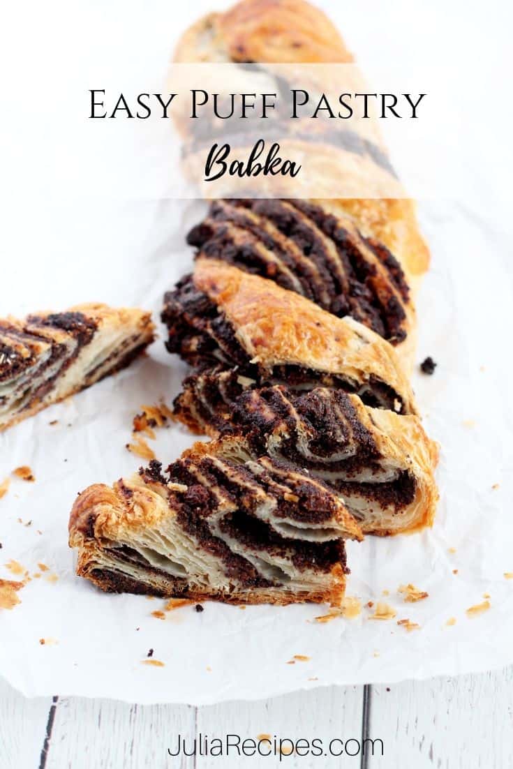 poppy seed and chocolate babka cut in pieces with written label for Pinterest