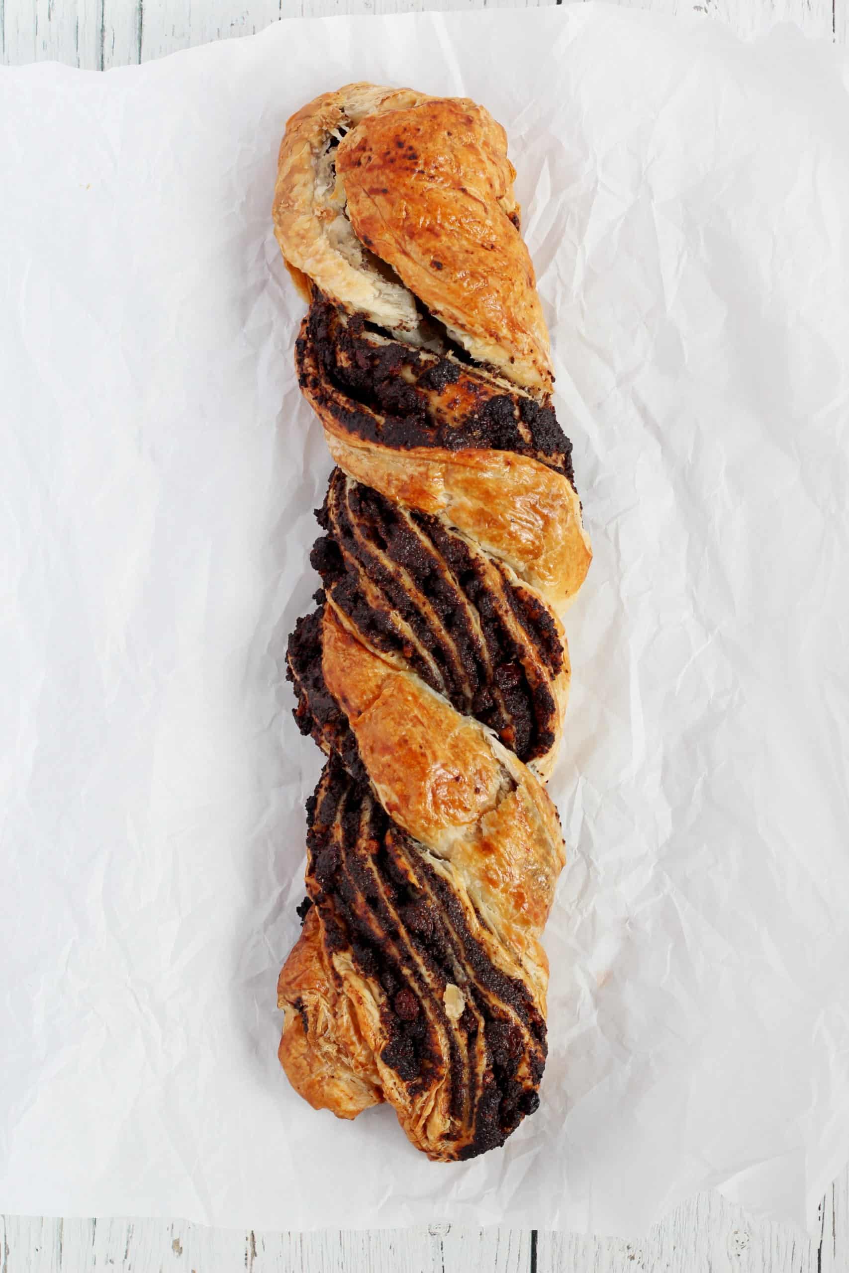 poppy seed and chocolate babka made from puff pastry