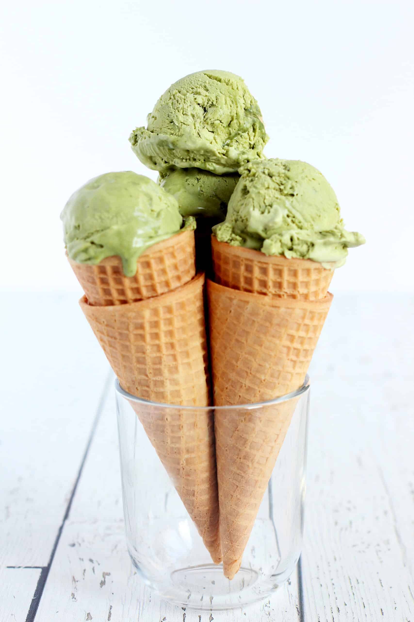 three matcha green tea no churn ice creams schooped in waffle cones