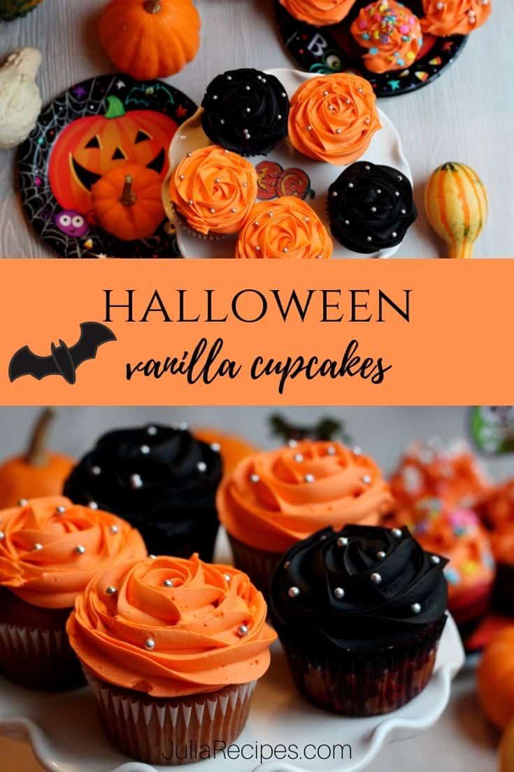 halloween cupcakes with orange and black icing on a white cake stand