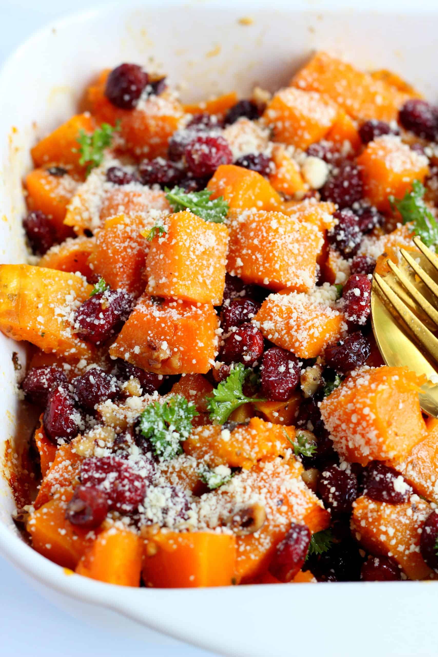 butternut squash cubes with Parmesan and cranberries
