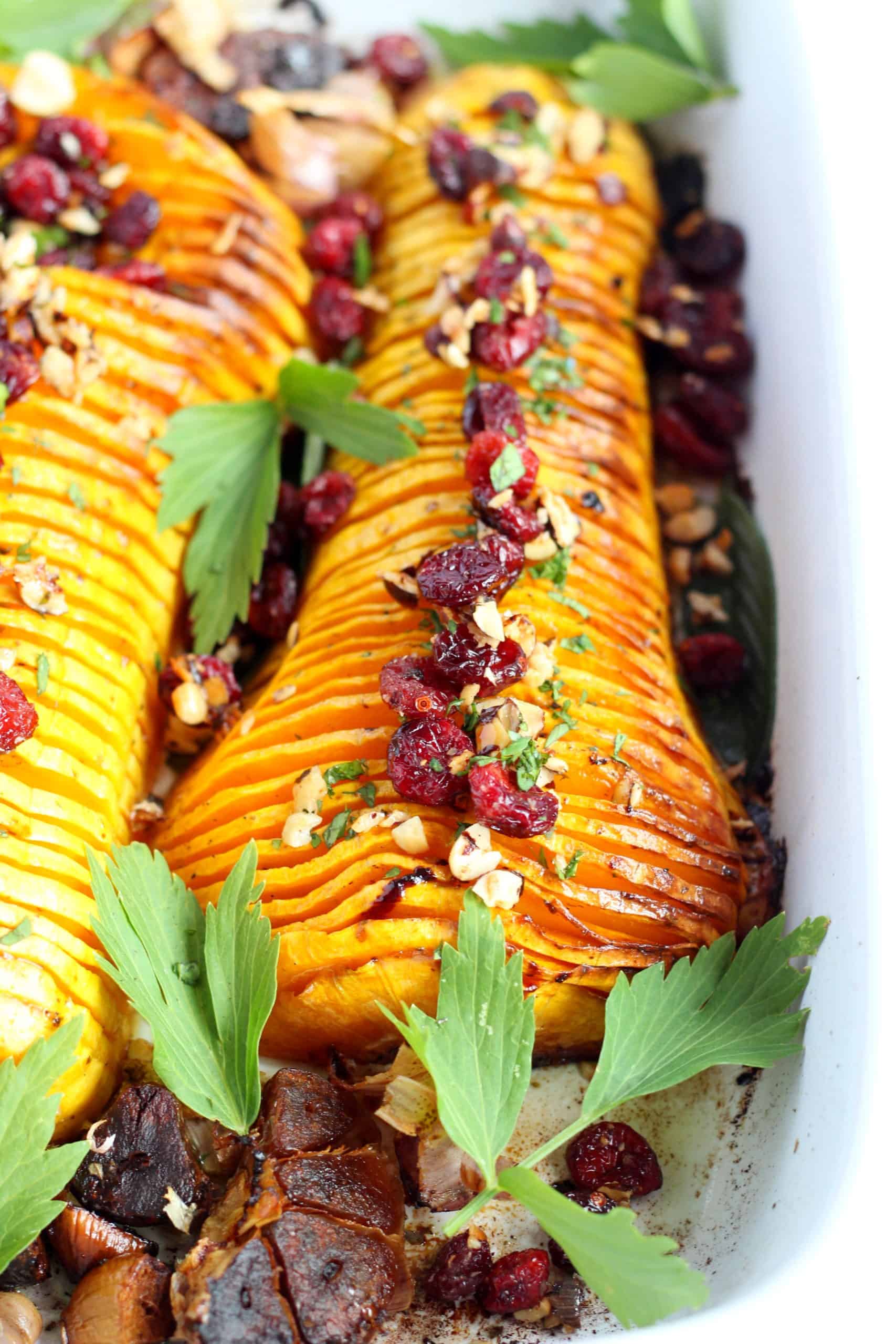 hasselback butternut squash with nuts and cranberries