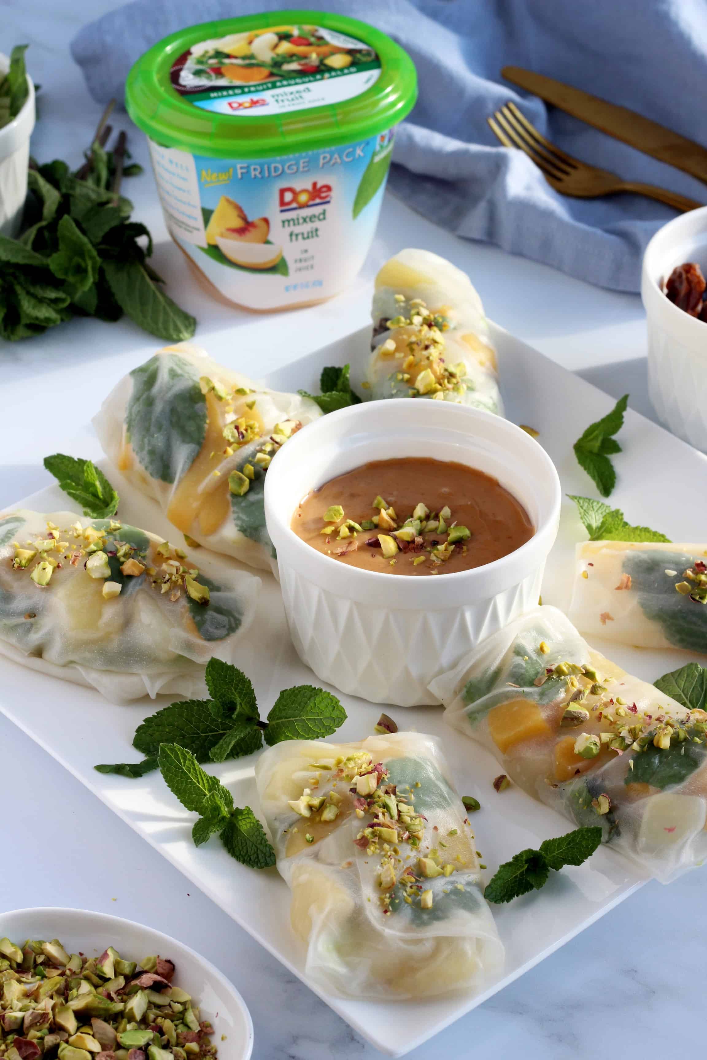 spring rolls with  Dole Mixed Fruit Fridge Pack 