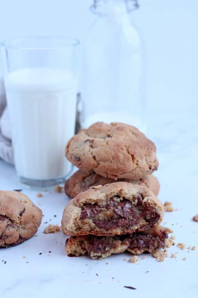 chocolate chip cookies with glass of  milk