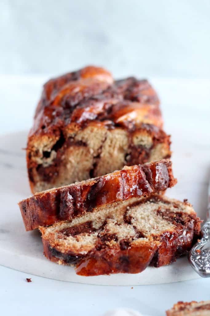 chocolate babka with almond filling cut in pieces