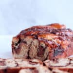 chocolate babka with almond filling cut in three slices