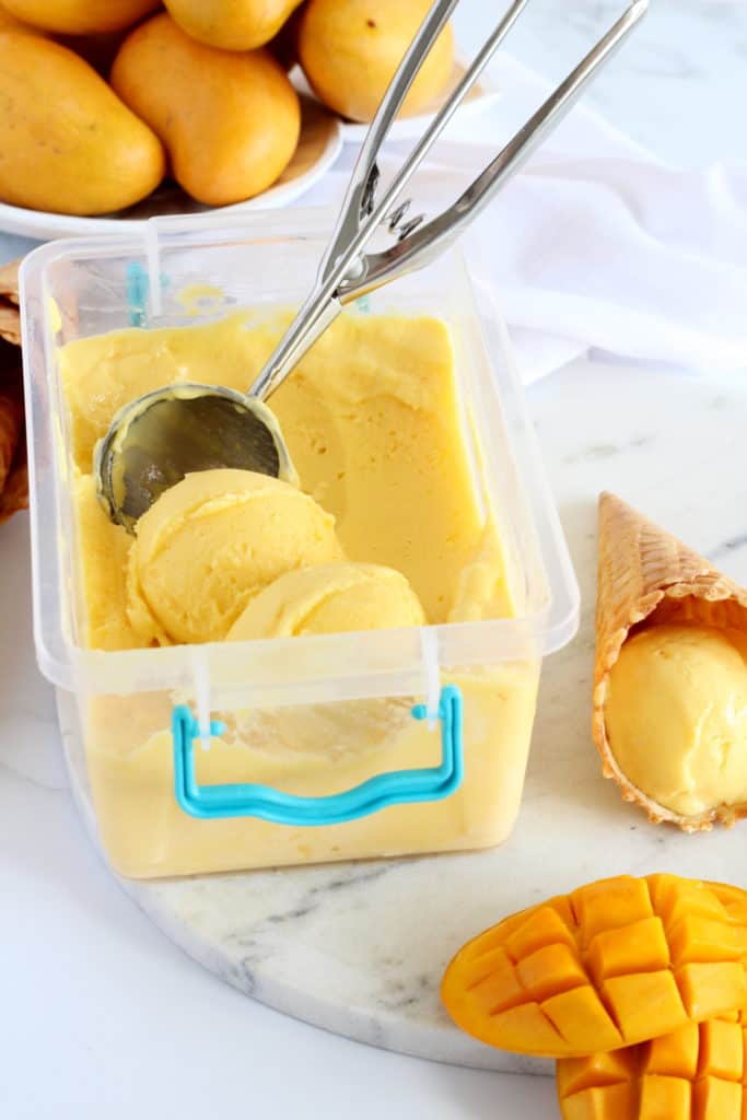 mango sherbet stored in airtight container