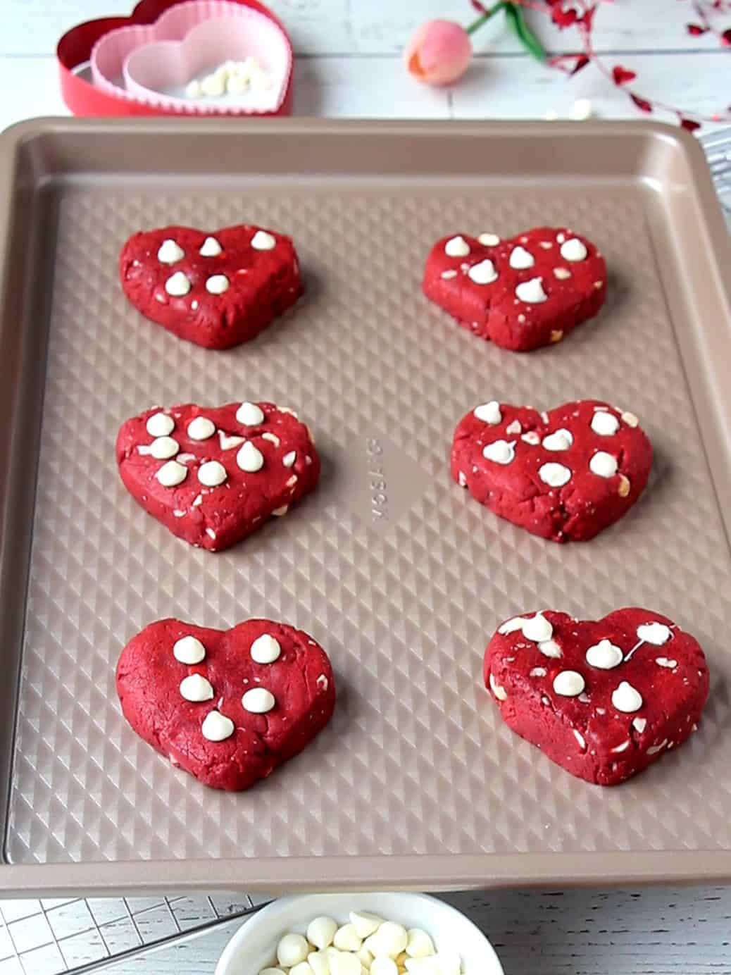 heart cookies on baking sheet