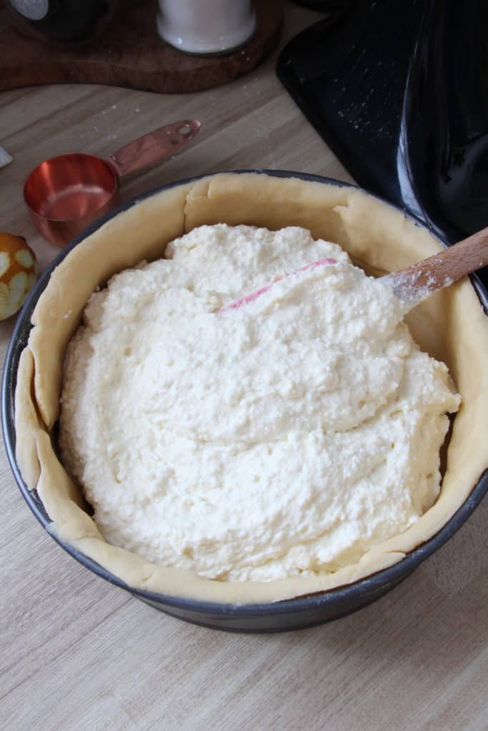 pour the cottage cheese in sugar pastry dough