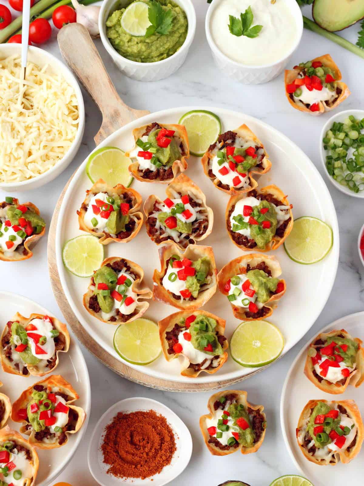 top view taco cups with beef filling and cheese