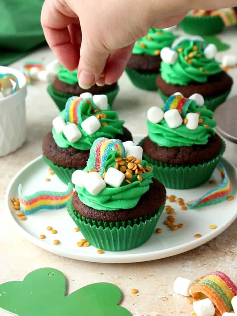 Decorate the cupcake with rainbow candy and marshmallow