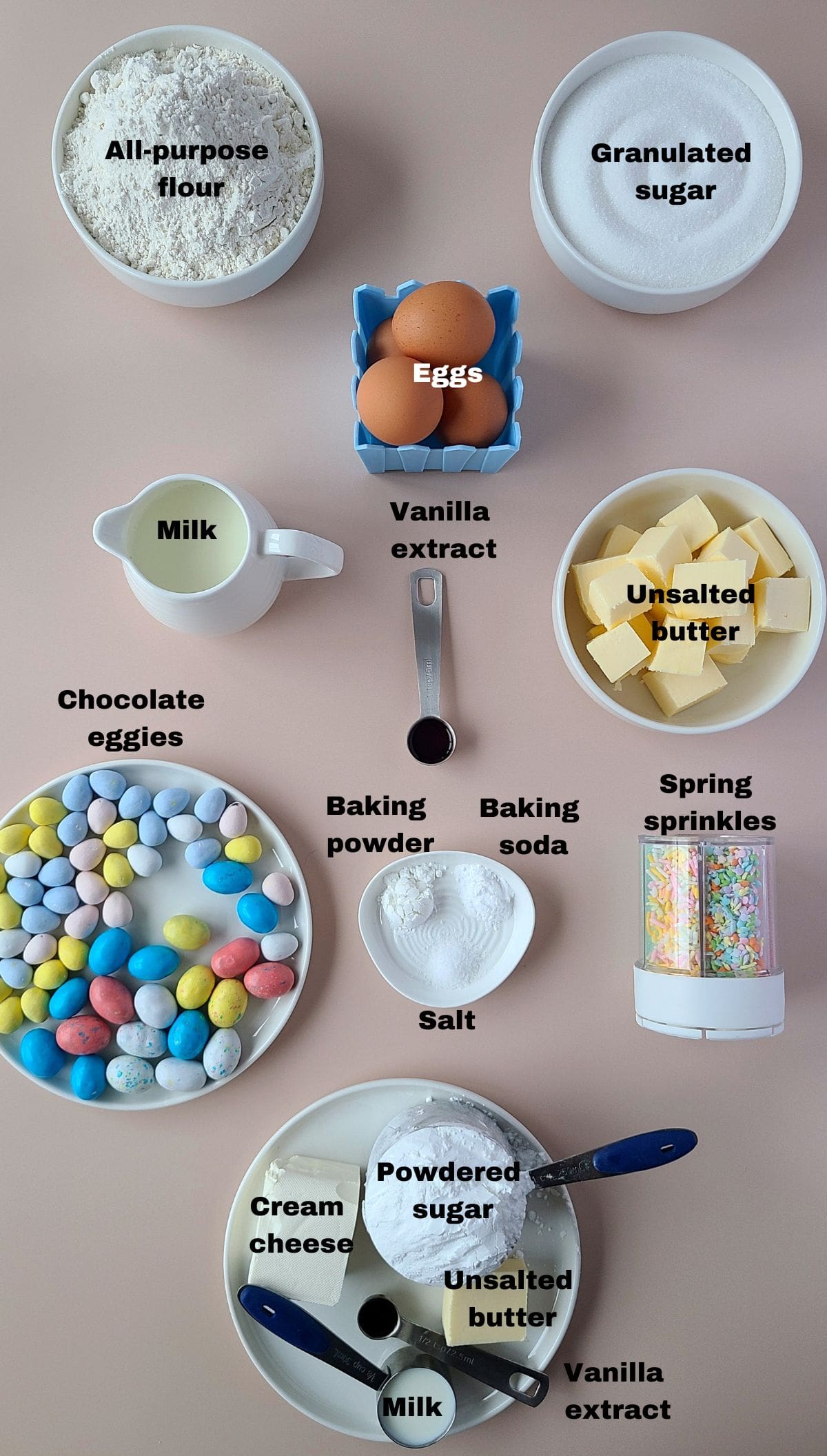 Ingredients for vanilla bundt cake showed and named on light pink background 