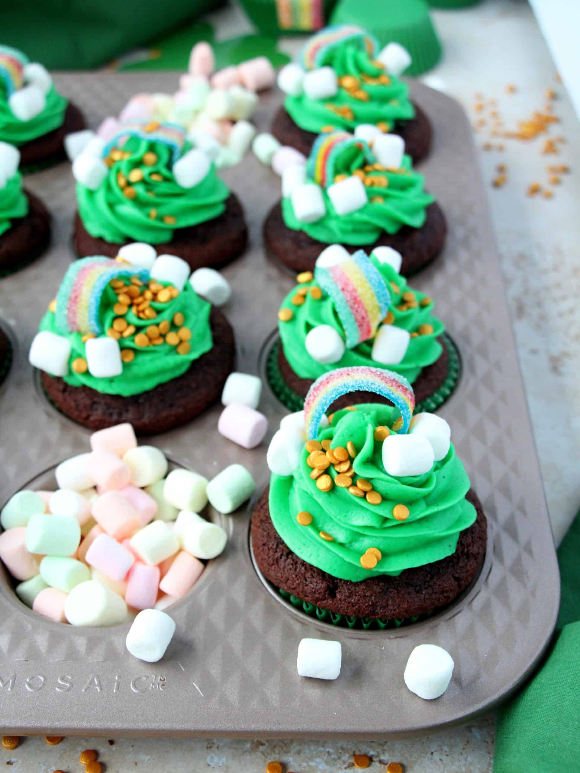 st patrick's day cupcakes with rainbow candies in Mosaic muffin pan